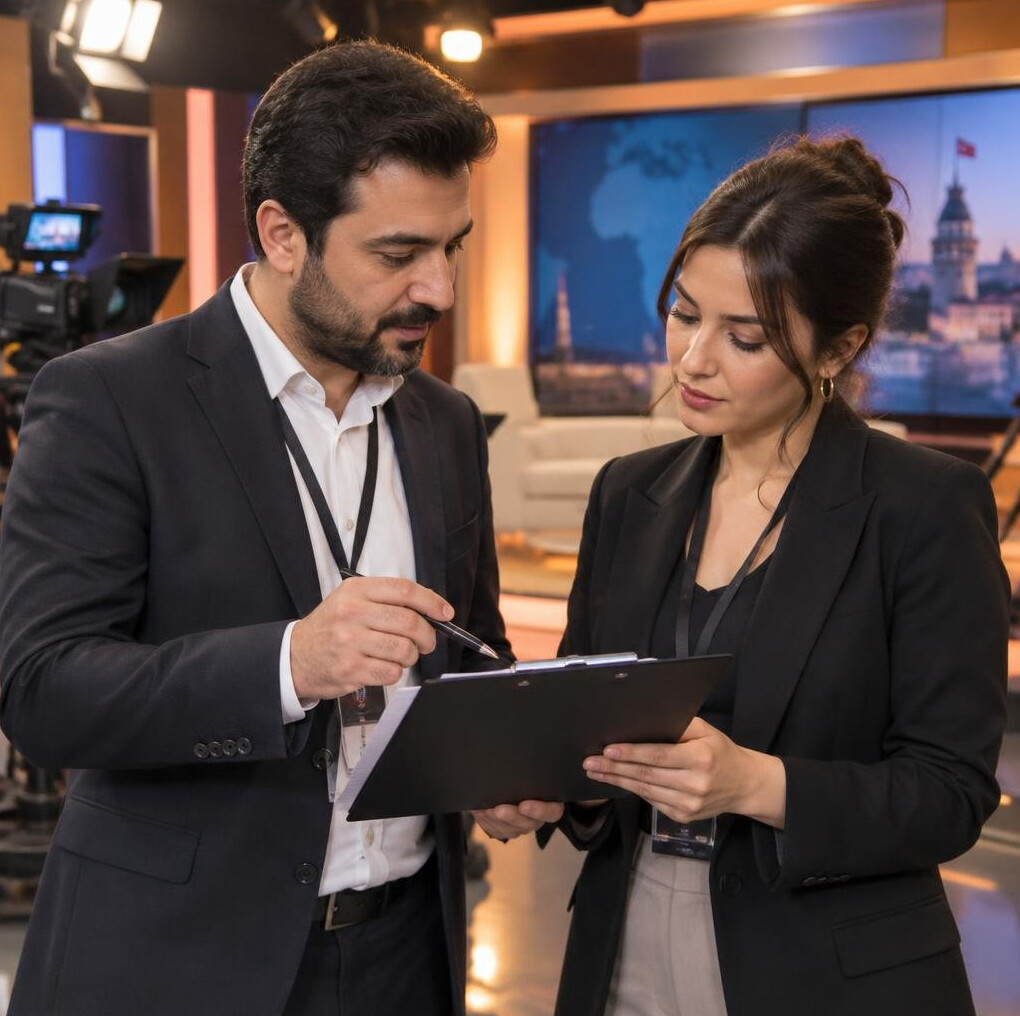 Two colleagues discussing notes during a live broadcast break