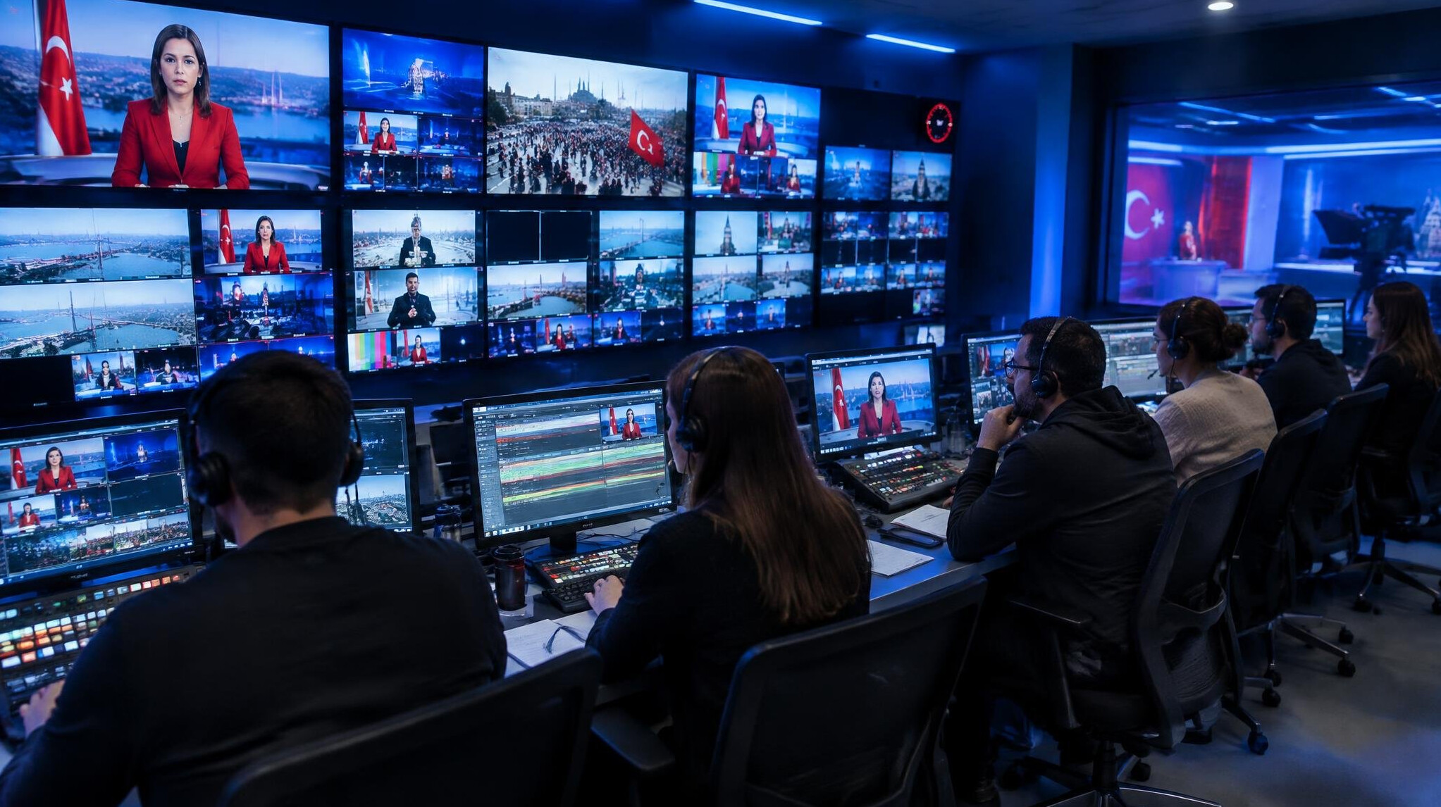 TV control room with technicians monitoring live broadcast screens