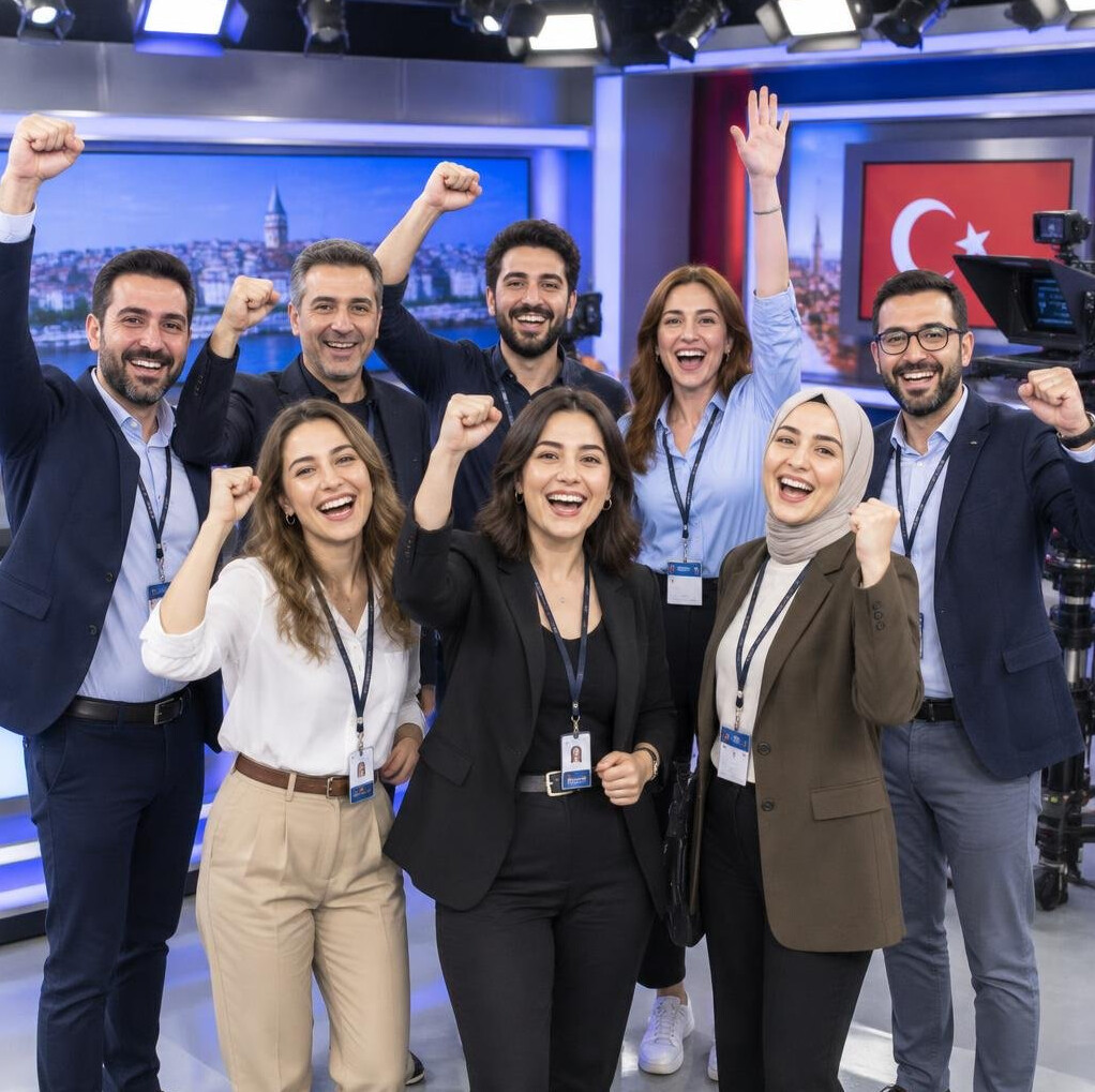 Team of media professionals celebrating together in a studio