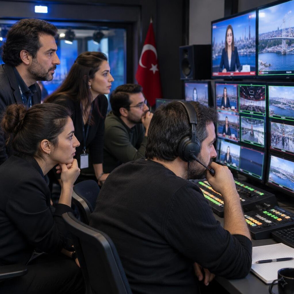 Colleagues reviewing broadcast footage on monitors together